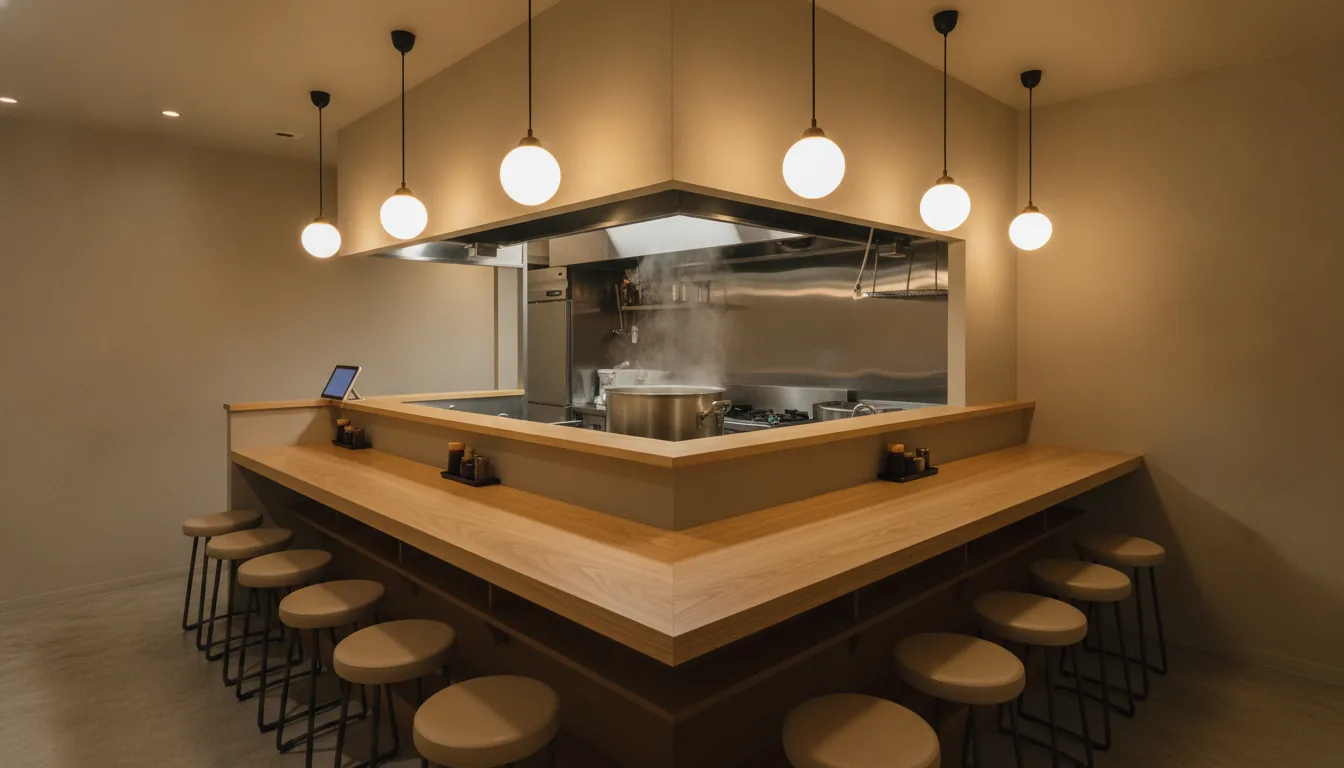 開店前のラーメン店。カウンター端にチェックイン用のタブレットが置かれている